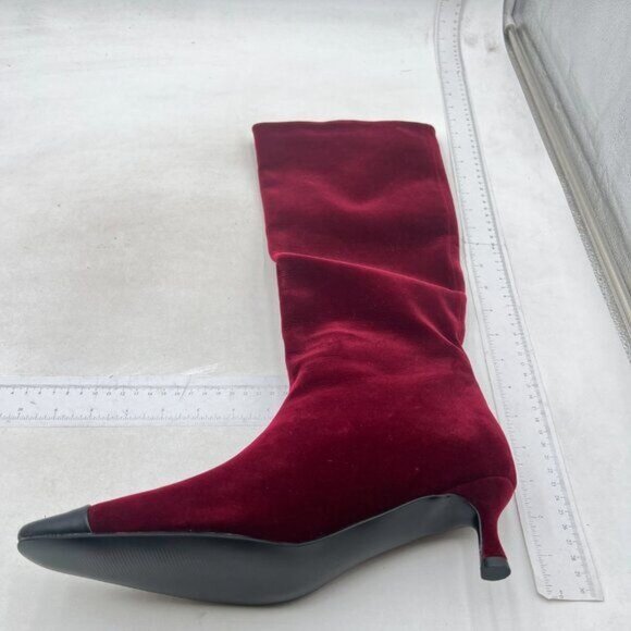Women's Kitten Heel Faux Suede Knee High Boots Pointed Square Toe Boots Wine - Picture 2 of 7